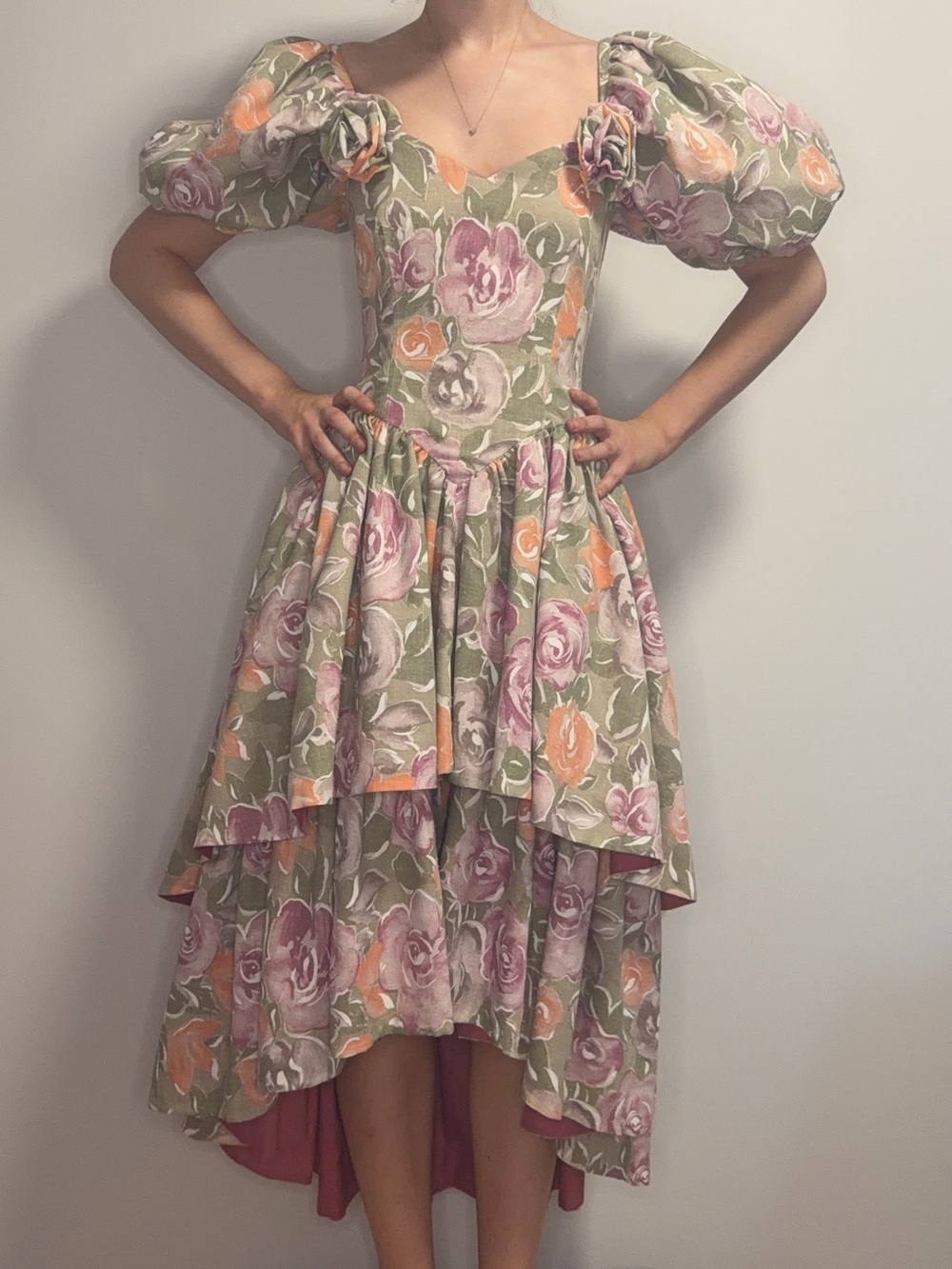 VINTAGE Garden Floral Puff-Sleeve High-Low Dress in Sage and Pink